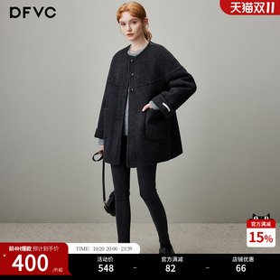 dfvc黑色中长款羊毛呢外套女2026年冬季新款圆领小个子双面呢大衣