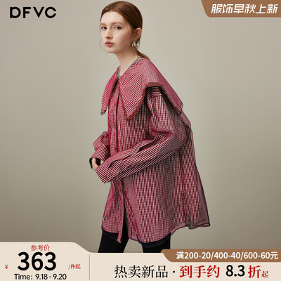 dfvc红色减龄海军领格子长袖衬衫