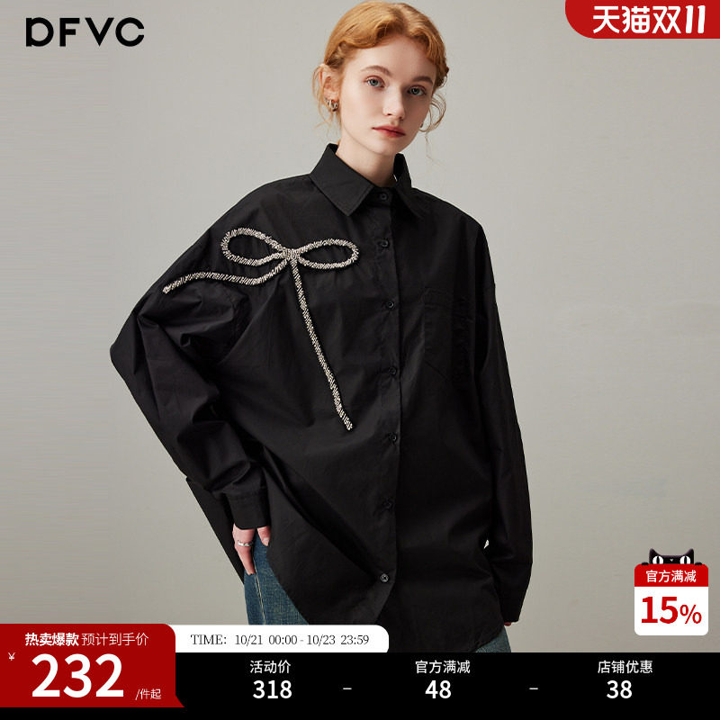 dfvc黑色通勤纯棉长袖衬衫女2026年秋季新款蝴蝶结宽松显瘦衬衣