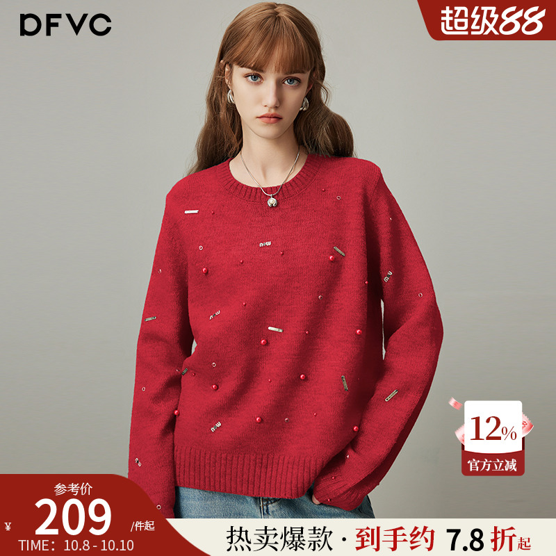 dfvc圆领通勤宽松钉珠毛衣针织衫