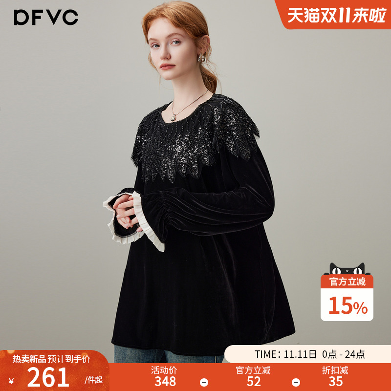 dfvc黑色复古丝绒长袖衬衫荷叶边