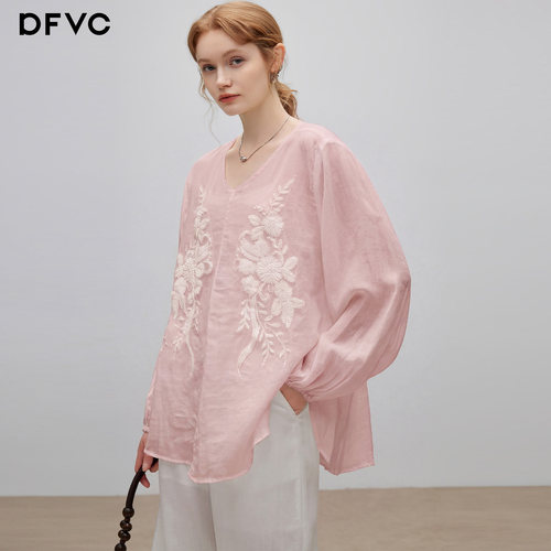 dfvc白色苎麻复古风钉珠长袖衬衫