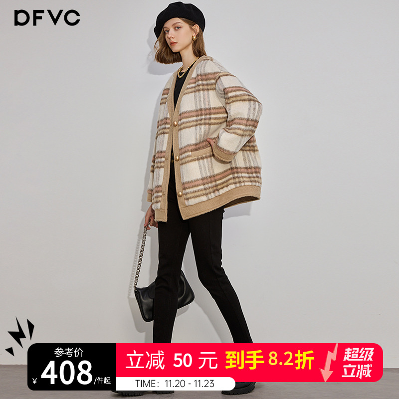 dfvc羊毛通勤复古格子毛呢外套