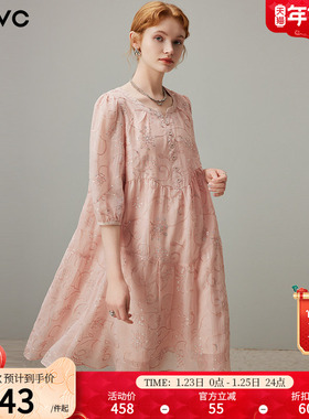 dfvc粉色法式重工刺绣连衣裙女2025年夏季新款宽松显瘦中长款裙子