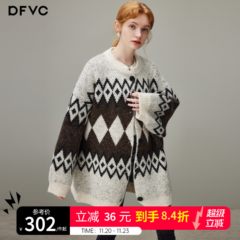 dfvc慵懒风费尔岛中长款针织开衫女2025年冬季新款宽松毛衣外套厚