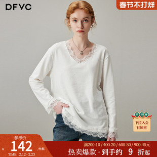 dfvc白色蕾丝拼接V领长袖T恤女2026年春季新款低领宽松内搭打底衫