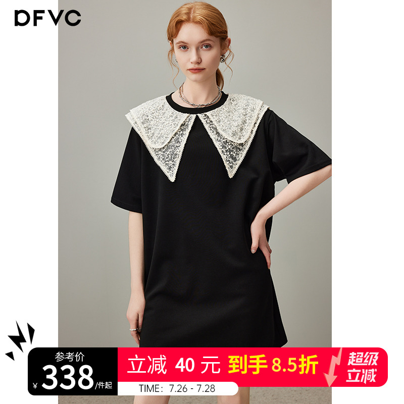 dfvc黑色娃娃领短袖t恤连衣裙女2025年夏季新款显瘦宽松休闲裙子