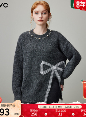 dfvc灰色慵懒风圆领毛衣女2025年冬季新款设计感开叉宽松针织衫厚