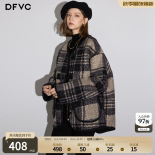 dfvc韩版短款格子毛呢外套女2026年冬季新款宽松小个子呢子大衣厚