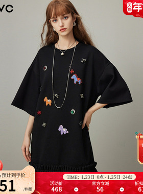 dfvc黑色时尚休闲圆领短袖T恤裙女2026年春季新款立体装饰连衣裙