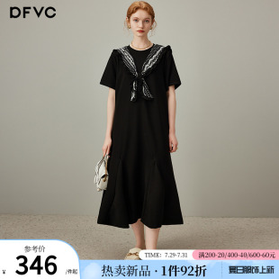 新款 dfvc黑色海军领披肩t恤裙女2025年夏季 宽松长裙休闲连衣裙子