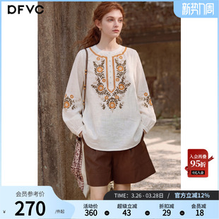 新款 女2026年春季 宽松上衣薄 衬衫 dfvc白色苎麻复古民族风刺绣长袖