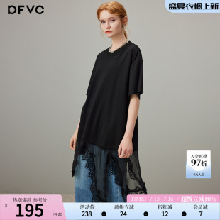 dfvc黑色蕾丝拼接圆领短袖t恤女2026秋季新款设计感小众宽松上衣