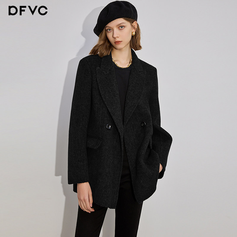 dfvc黑色通勤休闲西装绵羊毛呢外套女2025年冬季新款双面呢子大衣,淘宝优惠券,粉丝福利购,淘宝优惠卷
