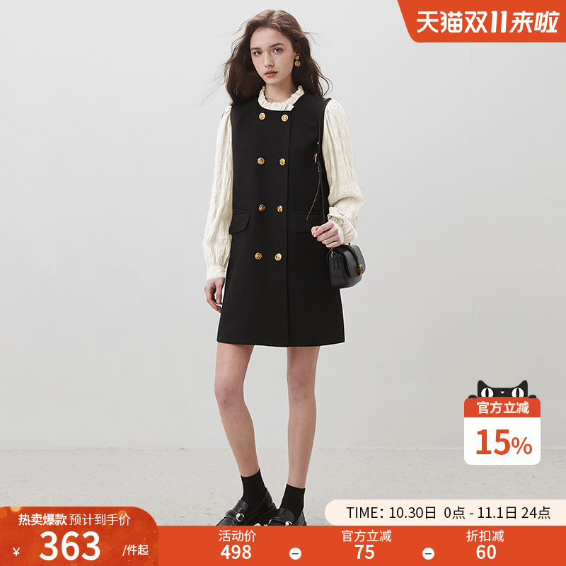 dfvc赫本风黑色连衣裙女秋2025新款拼接木耳边长袖小个子小黑裙子