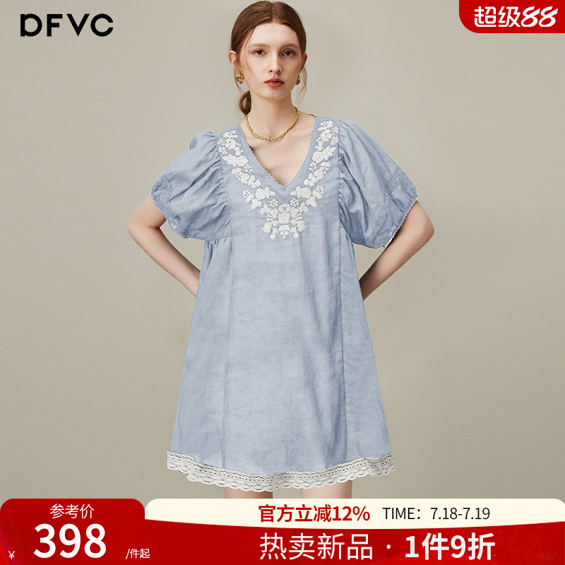 dfvc苎麻复古绣花V领衬衫裙