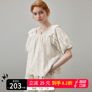 镂空蕾丝方领纯棉宽松娃娃衫 dfvc甜美风泡泡袖 夏季 衬衫 女2025新款