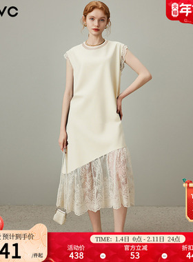 dfvc白色气质蕾丝拼接背心裙t恤裙女2025夏季新款无袖连衣裙长裙
