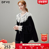 荷叶领长袖 丝绒衬衫 女2026年春季 dfvc黑色法式 新款 宽松复古风上衣