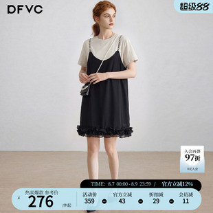 dfvc韩版休闲假两件拼接T恤裙女2026年夏季新款荷叶边宽松连衣裙