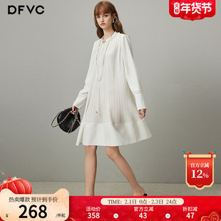 dfvc白色法式重工压褶长袖连衣裙女2026年春季新款宽松中长款裙子