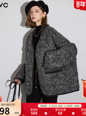 dfvc灰色羊毛短款毛呢外套女2025年冬季新款V领小个子羊羔毛大衣
