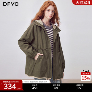 dfvc天丝复古中长款风衣外套女2026新款秋季小个子亚麻连帽外套