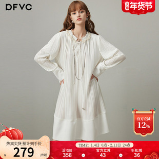 dfvc白色法式重工压褶长袖连衣裙女2026年春季新款宽松中长款裙子