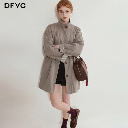 dfvc韩版中长款风衣外套条纹拼接