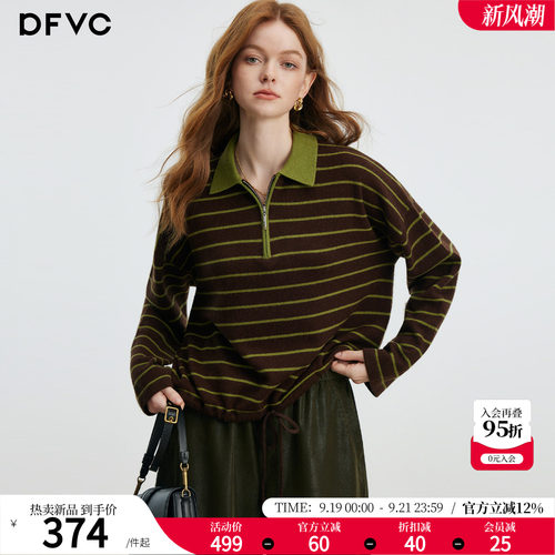 dfvc绵羊毛复古翻领条纹针织衫