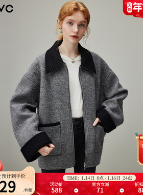 dfvc灰色韩版羊毛短款毛呢外套女2025年冬季新款翻领宽松加厚大衣