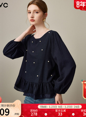 dfvc法式圆领长袖衬衫女2026年春季新款荷叶边珍珠宽松小衫娃娃衫