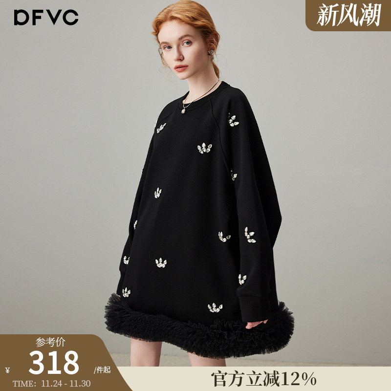 dfvc宽松休闲卫衣裙拼接网纱裙摆