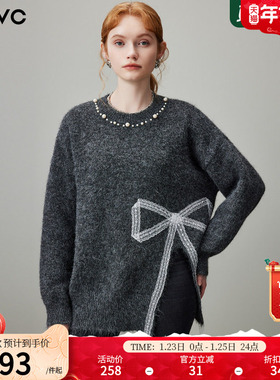 dfvc灰色慵懒风圆领毛衣女2025年冬季新款设计感开叉宽松针织衫厚