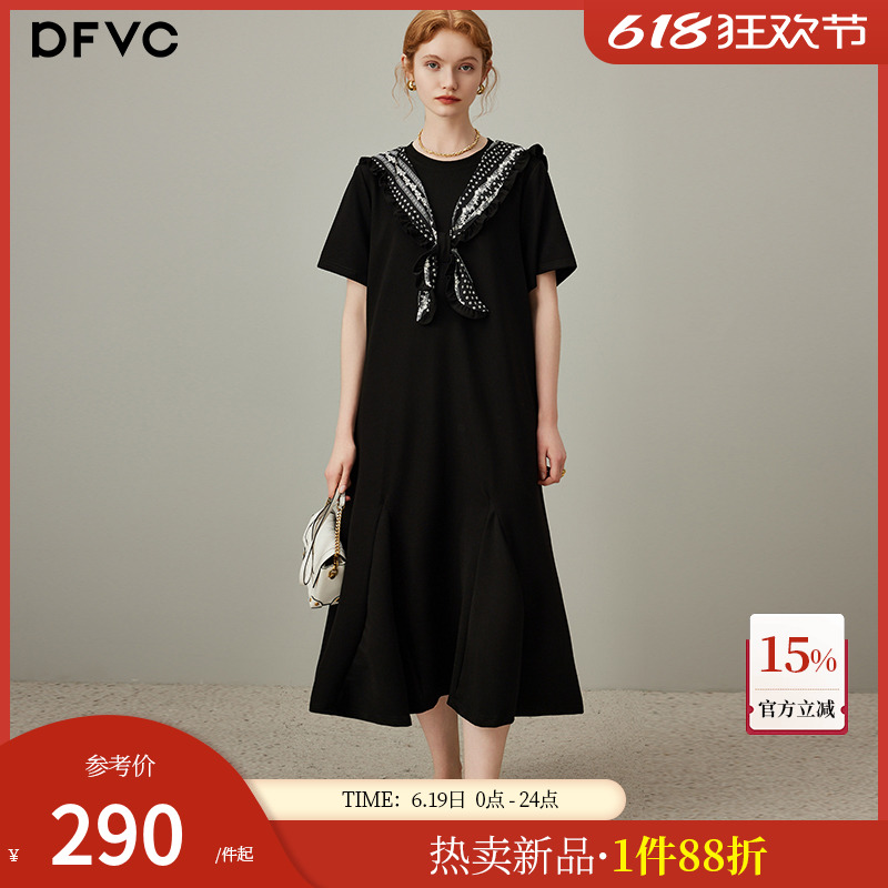 dfvc黑色海军领披肩t恤裙女2025年夏季新款宽松长裙休闲连衣裙子