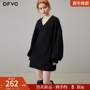 dfvc简约休闲V领套头卫衣裙女2026年季新款宽松春装连衣裙小黑裙