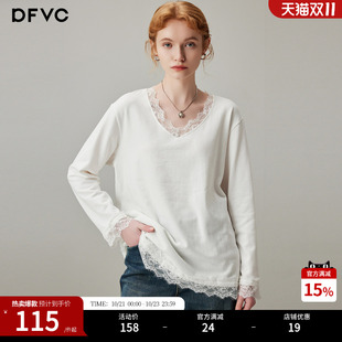 dfvc白色蕾丝拼接V领长袖T恤女2026年秋季新款低领宽松内搭打底衫
