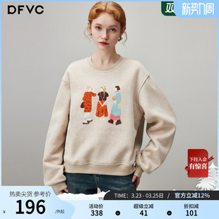 dfvc韩版印花圆领套头卫衣女2025年冬季新款加绒加厚短款宽松上衣