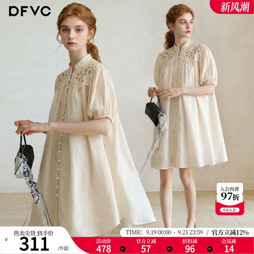 dfvc苎麻复古镂空短袖衬衫裙