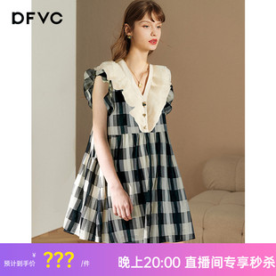 格子连衣裙2024女新款 dfvc夏季 拼接荷叶边V领宽松醋酸a字娃娃裙子