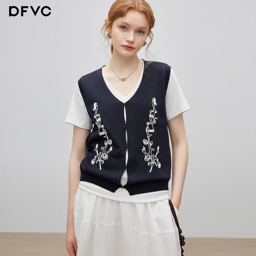 dfvc假两件绣花针织马甲拼接T恤