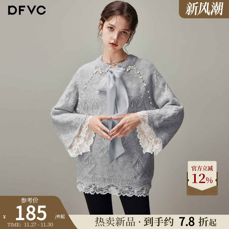 dfvc慵懒风中长款圆领毛衣飘带