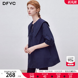 dfvc纯棉韩系减龄海军领衬衫女2026年秋季新款中袖宽松通勤娃娃衫