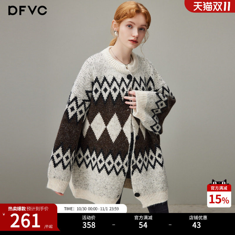 dfvc慵懒风费尔岛中长款针织开衫女2026年冬季新款宽松毛衣外套厚