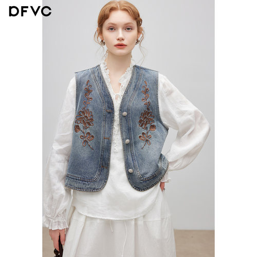 dfvc复古做旧绣花牛仔马甲外套