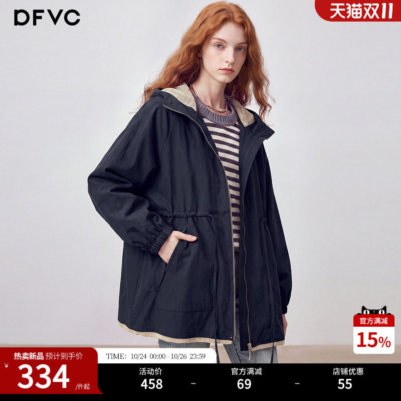 dfvc天丝复古中长款风衣外套女2026新款秋季小个子亚麻连帽外套