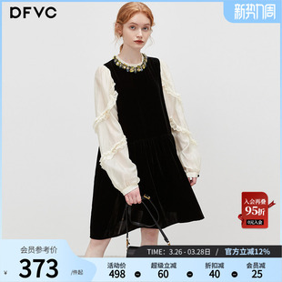 裙子小黑裙 钉珠长袖 dfvc名媛风撞色拼接丝绒连衣裙女2026春季 新款