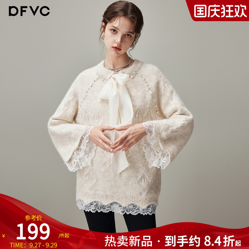 dfvc慵懒风中长款圆领毛衣飘带