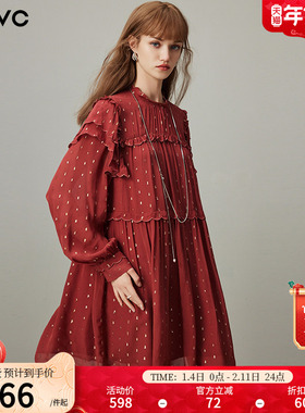 dfvc红色度假风亮丝波点连衣裙女2026春季新款荷叶边小个子娃娃裙