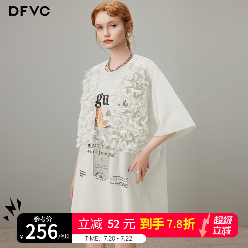 dfvc白色韩版圆领t恤裙女2025年夏季新款网纱拼接印花宽松连衣裙